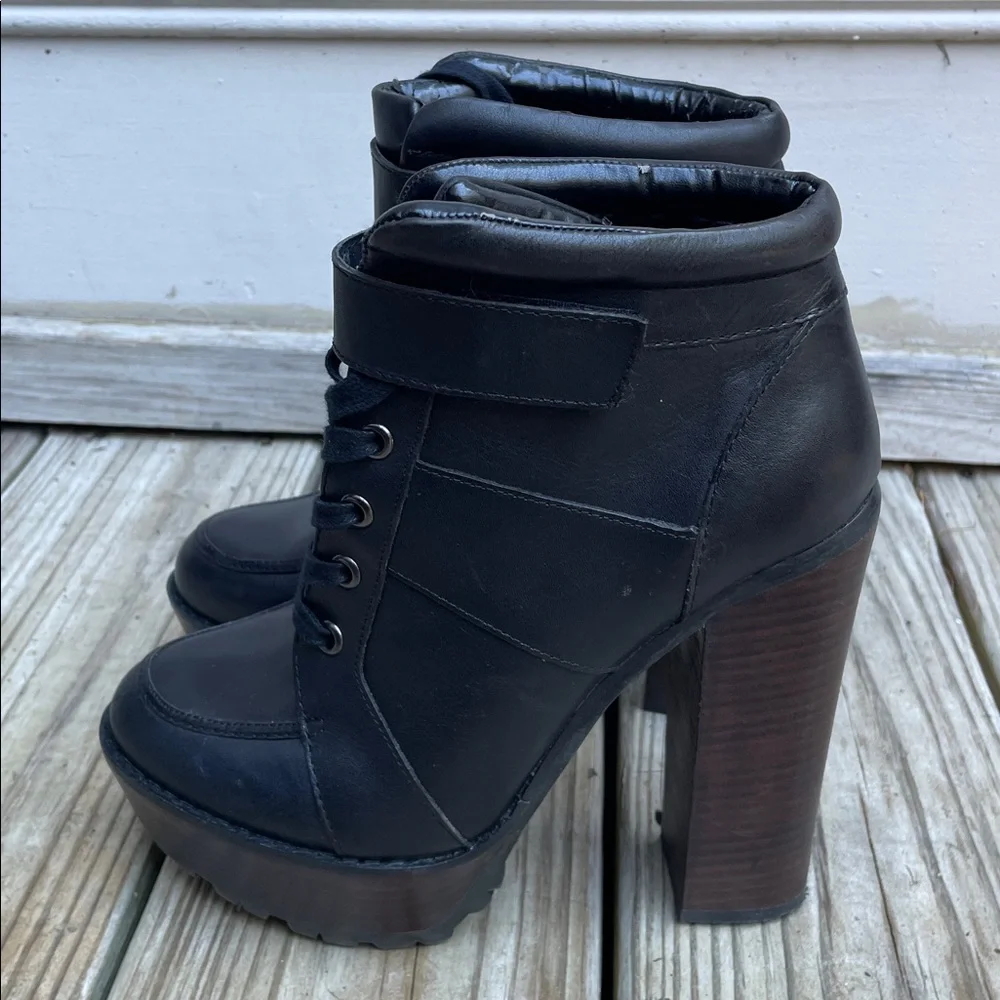 Steve Madden Deluxe Black Leather Platform Ankle Boots Chunky Block Heel Size 8